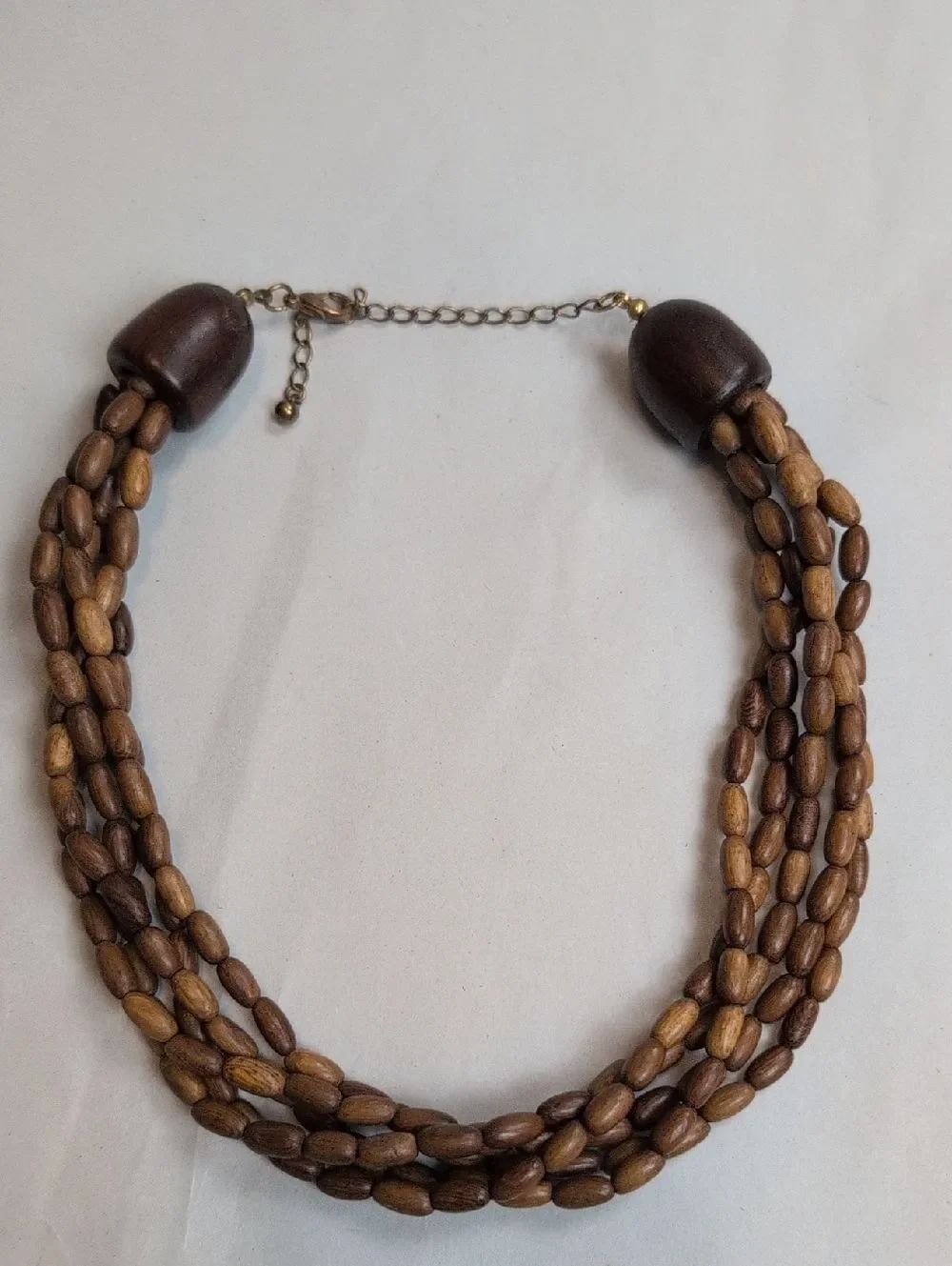 Multi-Strand Natural Brown Wooden Bead Adjustable Choker Necklace 14"